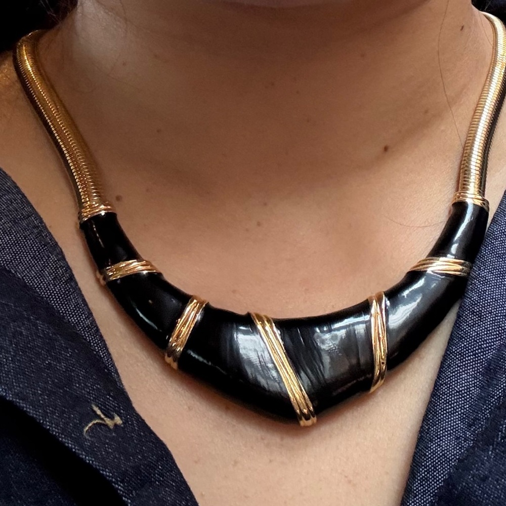 Nina Ricci Black Enamel and 24k Gold plated tone Necklace